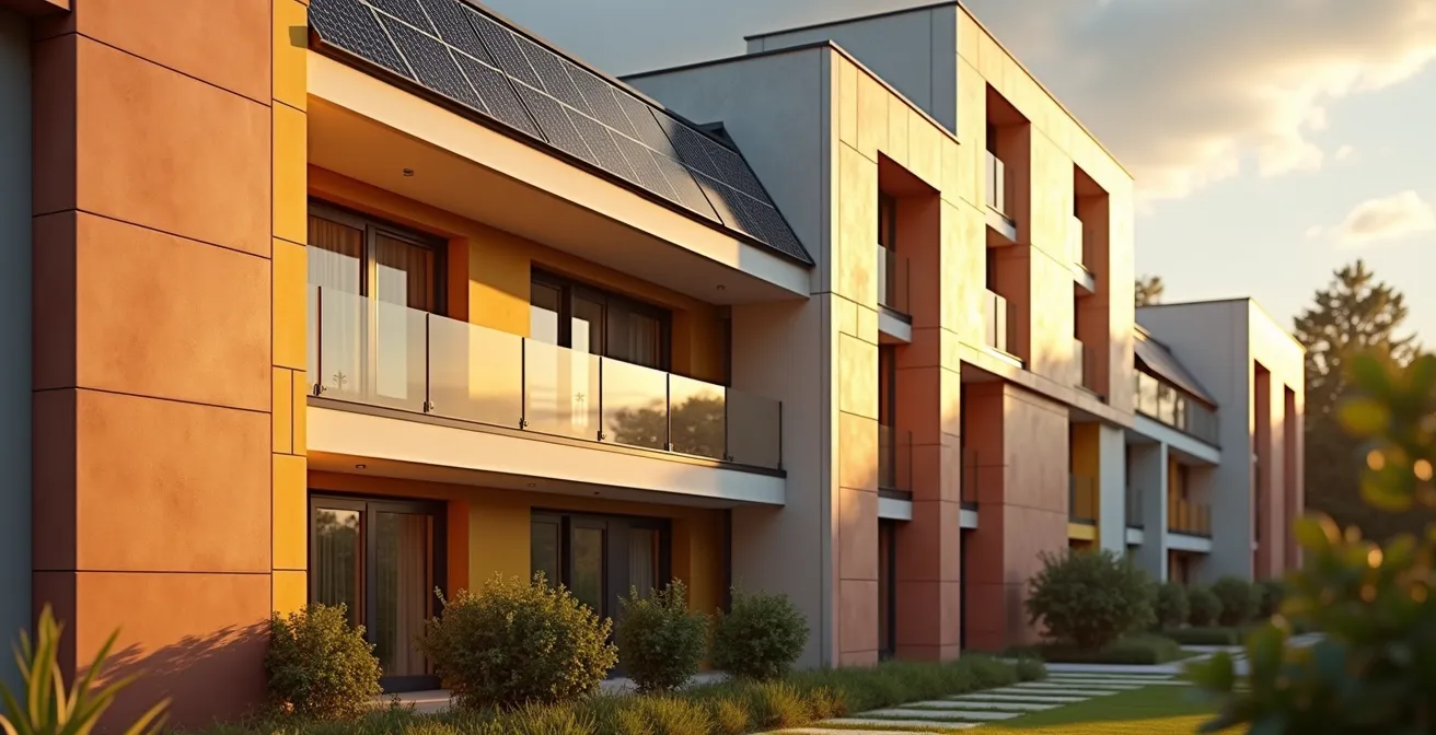 Vue d'ensemble d'un immeuble en copropriété avec des éléments de rénovation énergétique