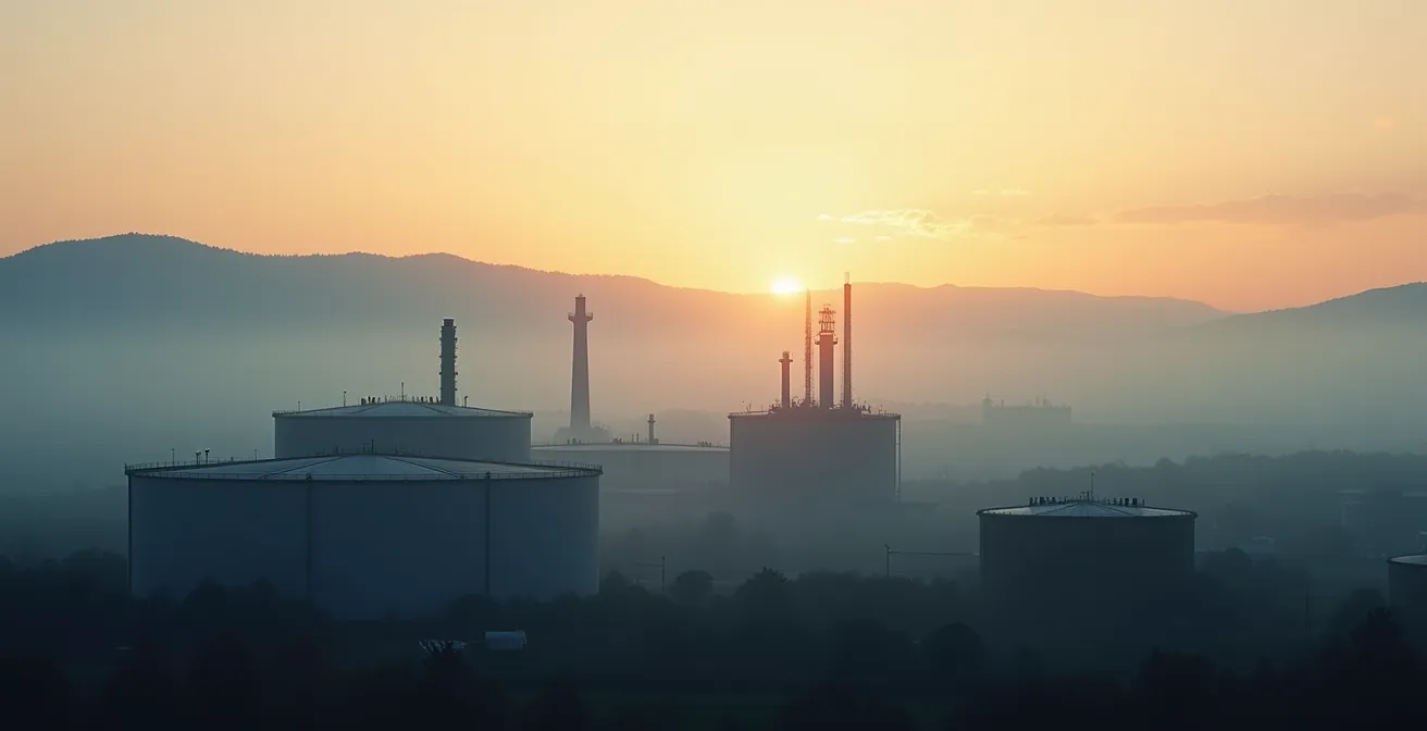 Vue large d'une installation industrielle éclairée dans la brume hivernale