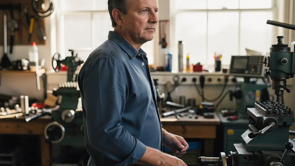 Entrepreneur québécois debout dans son atelier de travail, regard confiant vers son équipement