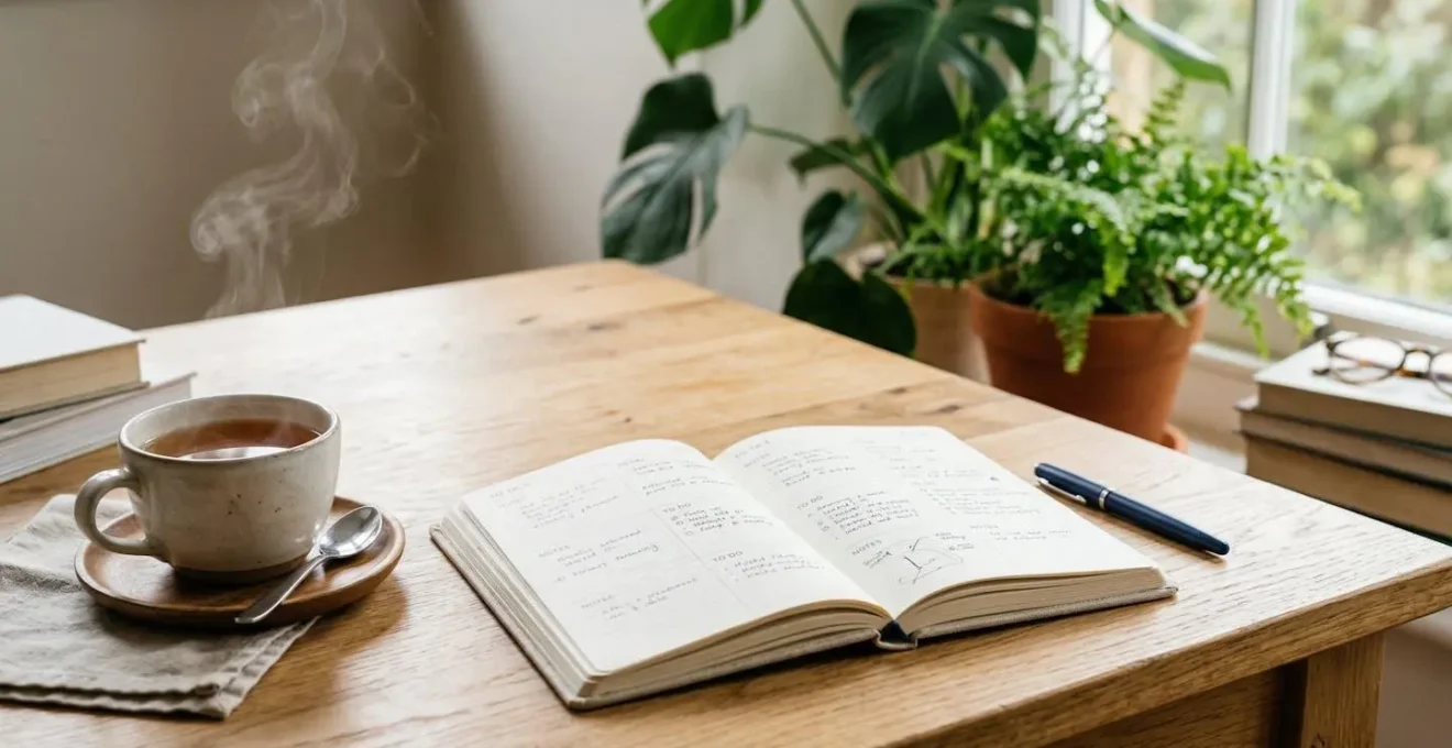 Agenda ouvert sur une table en bois avec une tasse de thé, atmosphère calme et organisée