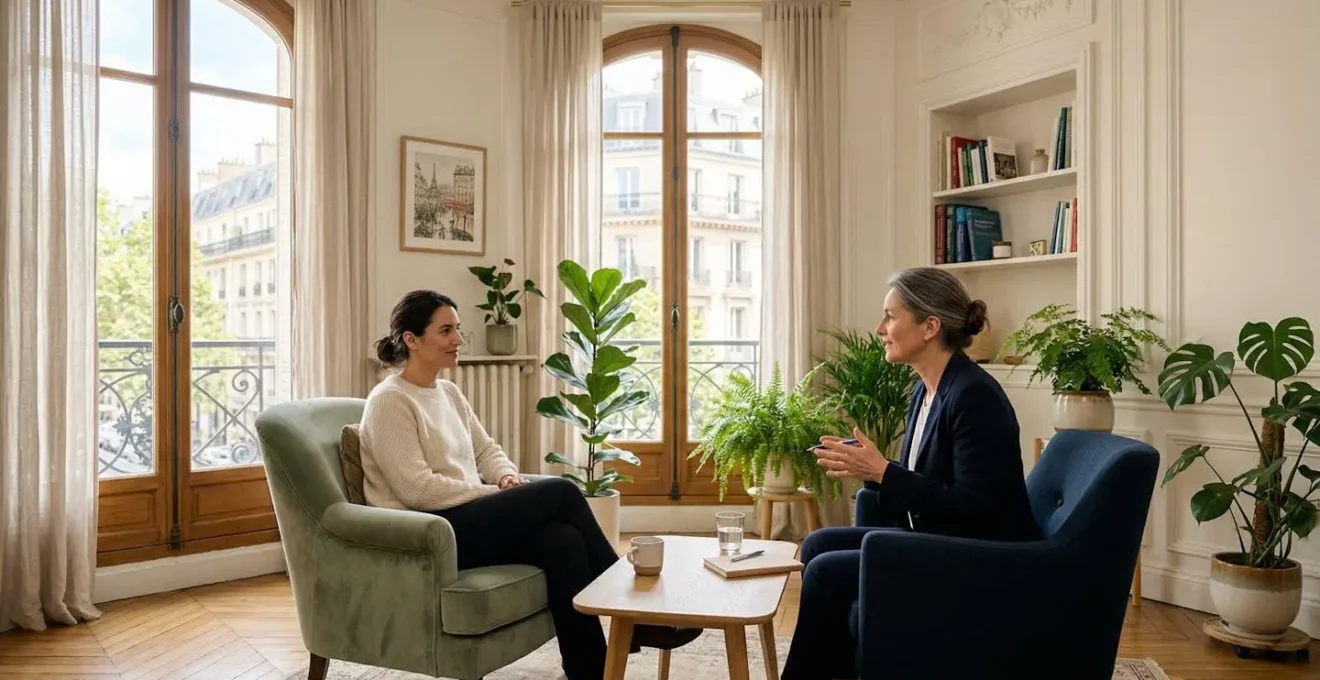 Intérieur lumineux d'un cabinet médical parisien avec fauteuil confortable et lumière naturelle filtrant par de grandes fenêtres