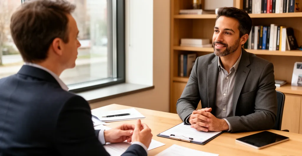 Discussion entre un courtier d'assurance et un client dans un bureau moderne à Montréal