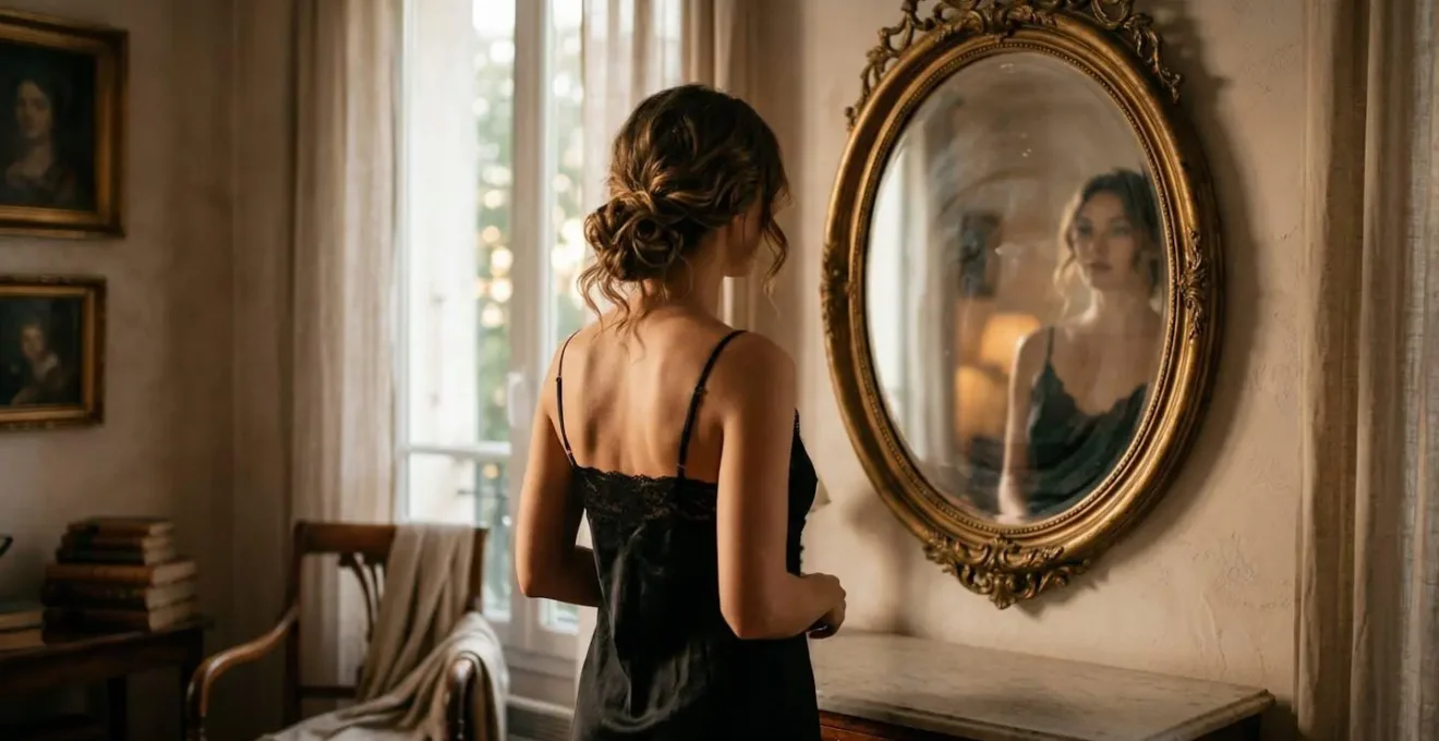 Femme vue de dos contemplant son reflet légèrement flouté dans un miroir ovale vintage, intérieur élégant
