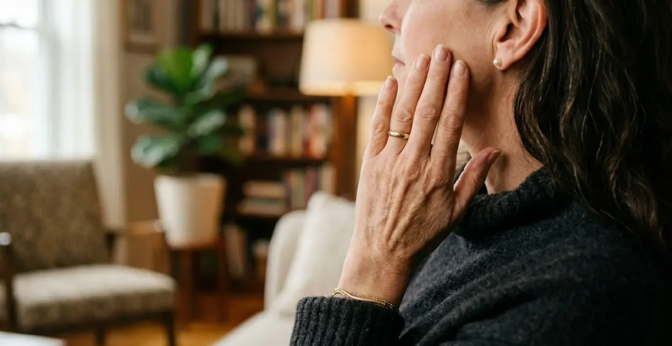 Mains délicates d'une femme effleurant sa joue, arrière-plan flouté d'un salon chaleureux