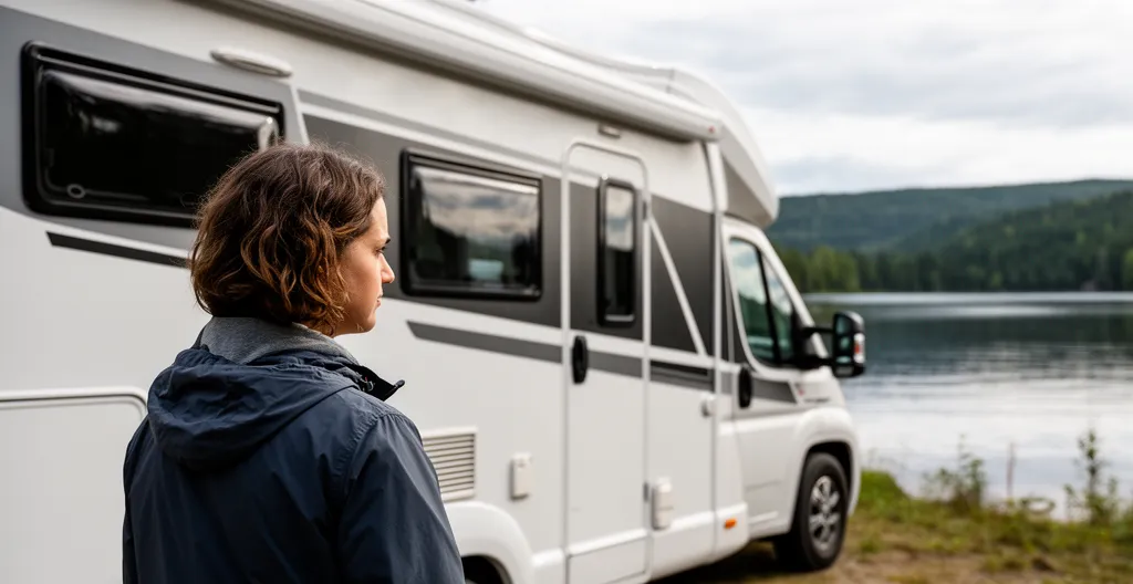 Véhicule récréatif stationné près d'un lac dans les Laurentides avec propriétaire