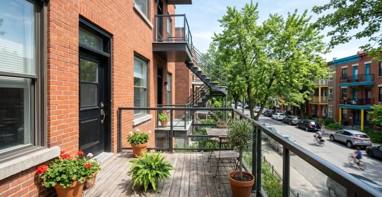 Vue en grand angle d'un balcon extérieur moderne avec garde-corps en verre et métal sur un duplex résidentiel typique du Plateau-Mont-Royal à Montréal sous un ciel lumineux