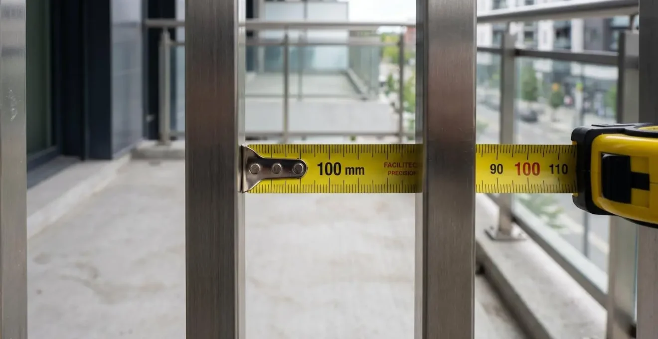 Gros plan sur l'espacement entre deux barreaux verticaux en acier d'un garde-corps moderne avec un ruban à mesurer montrant précisément 100 millimètres