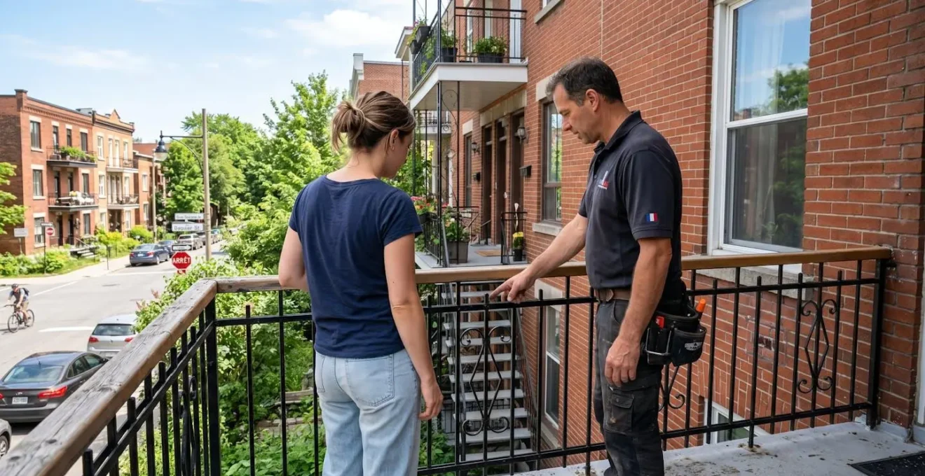 Un entrepreneur et un propriétaire vus de dos inspectent ensemble un garde-corps de balcon extérieur sur un duplex typique de Montréal par une journée ensoleillée