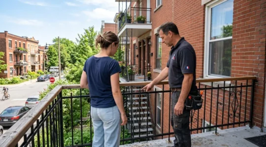 Un entrepreneur et un propriétaire vus de dos inspectent ensemble un garde-corps de balcon extérieur sur un duplex typique de Montréal par une journée ensoleillée