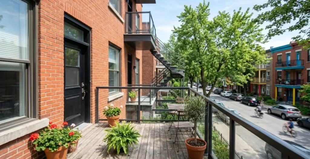 Vue en grand angle d'un balcon extérieur moderne avec garde-corps en verre et métal sur un duplex résidentiel typique du Plateau-Mont-Royal à Montréal sous un ciel lumineux Vue en grand angle d'un balcon extérieur moderne avec garde-corps en verre et métal sur un duplex résidentiel typique du Plateau-Mont-Royal à Montréal sous un ciel lumineux
